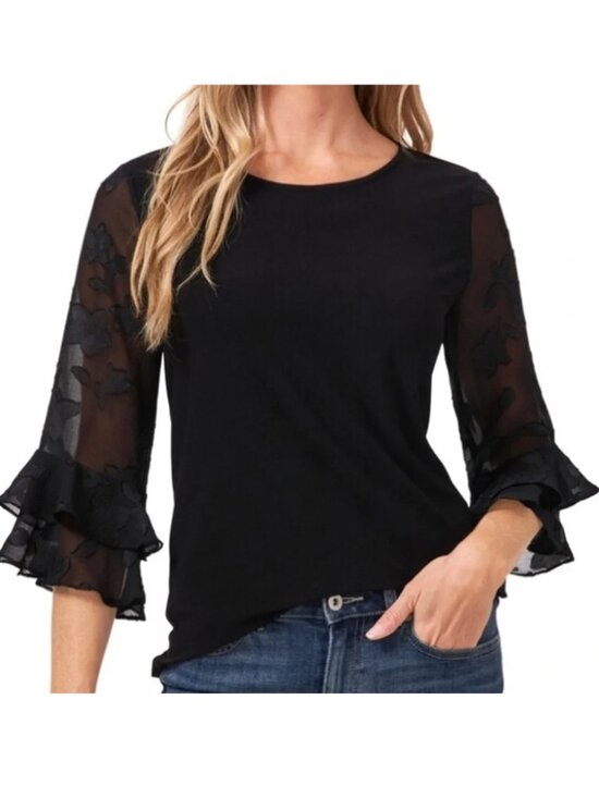 CeCe Tops - CeCe Black Floral Jacquard Chiffon Tiered Ruffle Sleeve Mix Media Blouse Top L